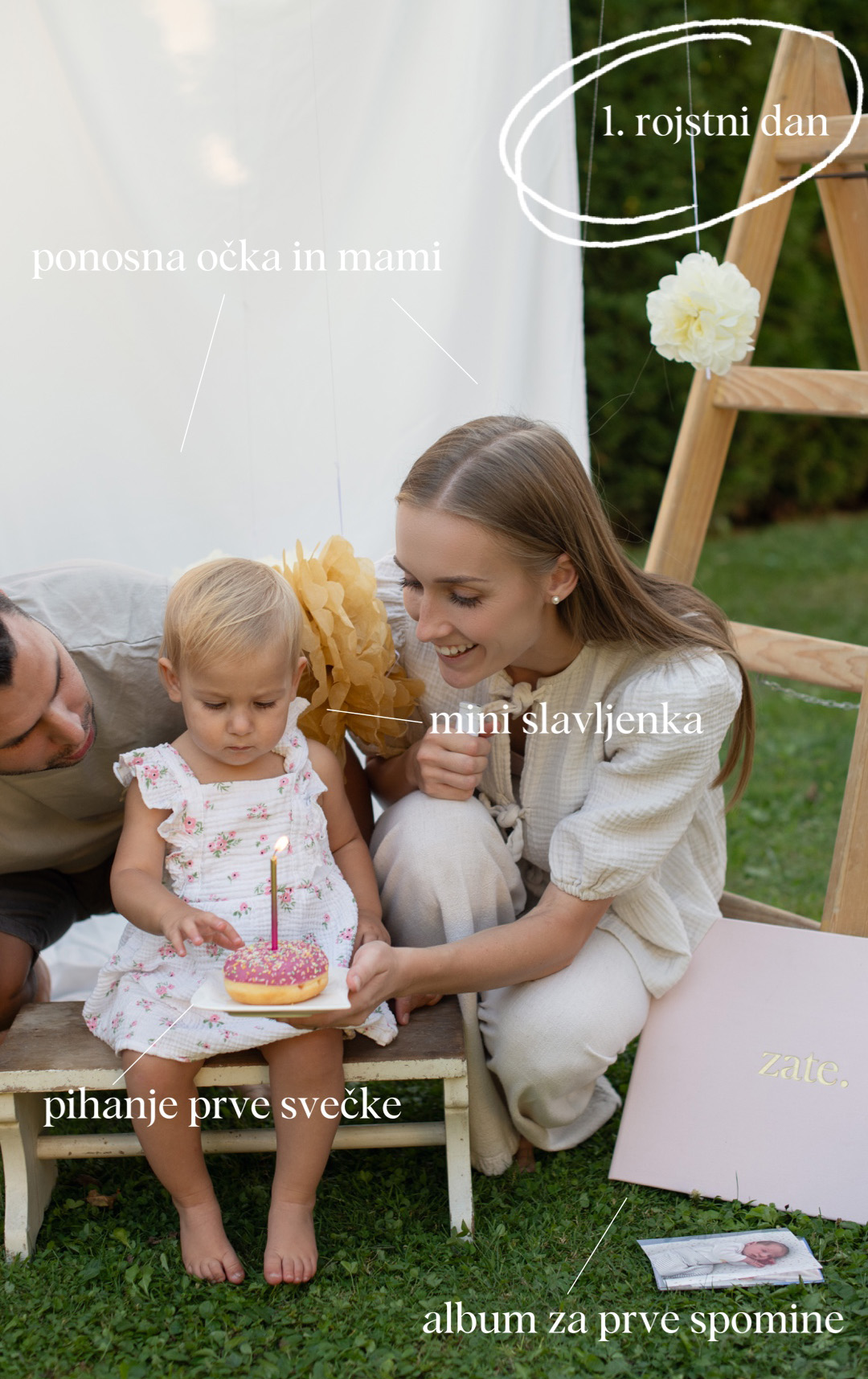 Utrinek s praznovanja – mlada družina na zabavi za prvi rojstni dan.